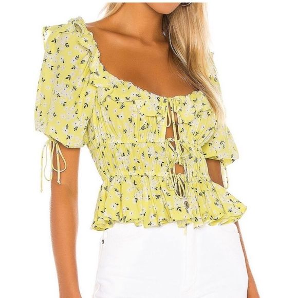 For Love And Lemons Chrysanthemum Yellow Floral Tie Front Puff Sleeve Top | SZ S - Picture 1 of 7